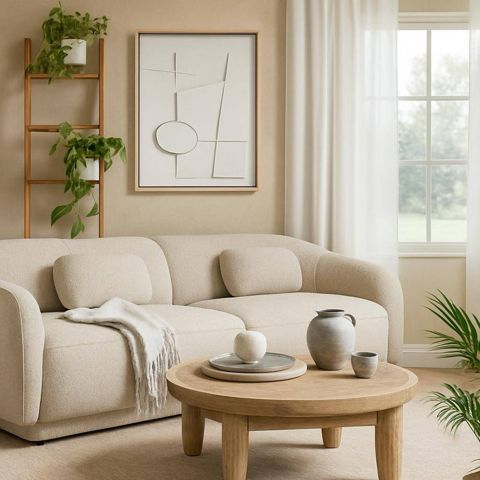 Modern Living Room with Beige Sofa and Wall Art