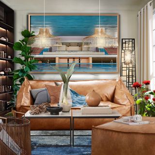 Contemporary Living Room with Leather Sofa and Rattan Pendant