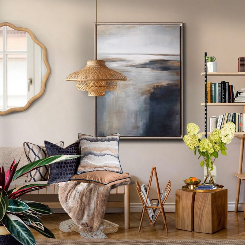 Modern Living Room with Rattan Pendant and Abstract Painting