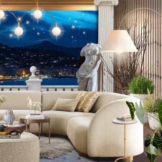 Modern Living Room with Curved Sofa and Balcony View