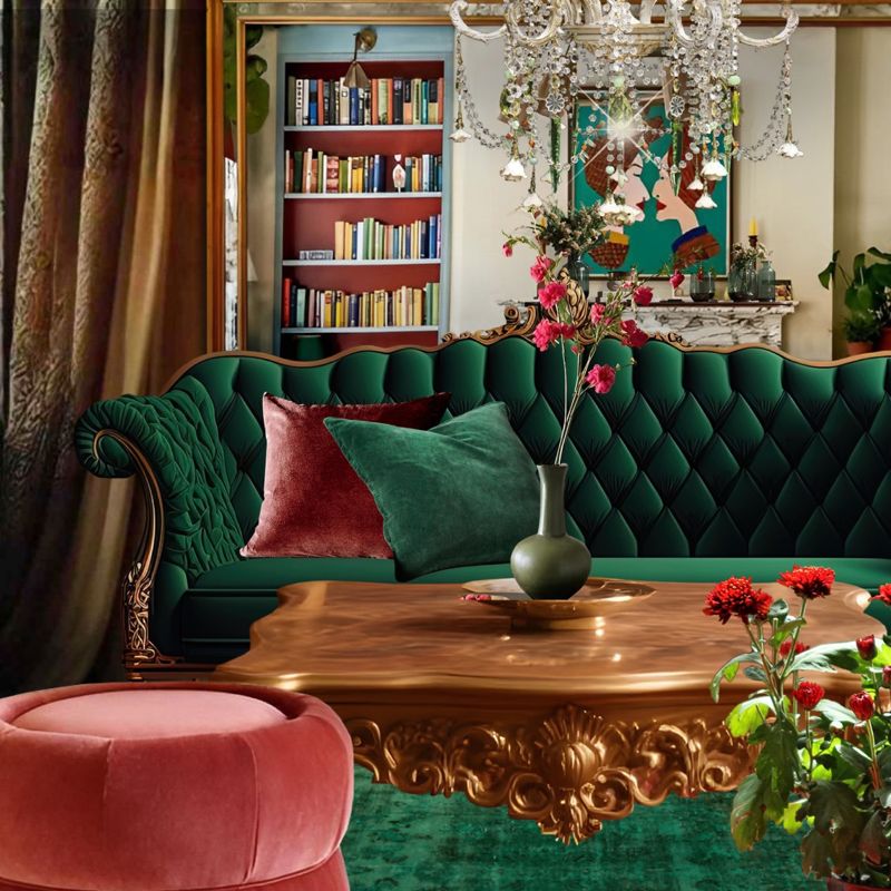 Vintage Living Room with Velvet Sofa and Chandelier