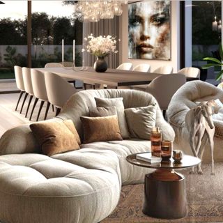 Modern Living Room with Curved Sofa and Artwork