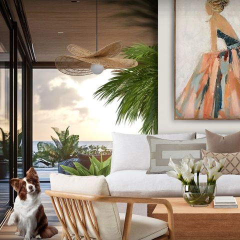 Modern Tropical Living Room with Rattan Pendant and Abstract Painting