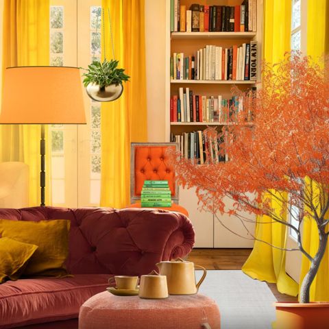 Eclectic Living Room with Orange Sofa and Bookshelf