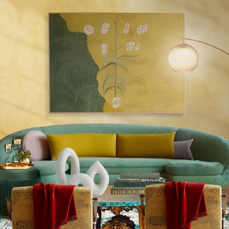 Modern Eclectic Living Room with Curved Sofa and Abstract Painting