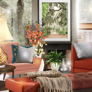 Modern Living Room with Orange Sofa and Floral Arrangement